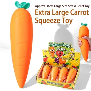 Extra large 34cm carrot squeeze toy made of slow rebound TPR for adult stress relief.