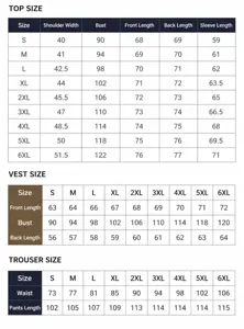 Detailed size guide chart for men's three-piece suit featuring jacket vest and trousers