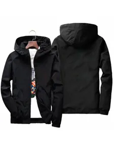 Detailed front and back views of a men's lightweight black hooded windbreaker jacket