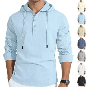 Men's casual long sleeve hooded shirt in cotton linen with button placket detail
