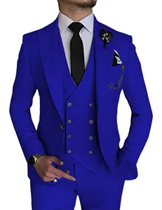 Close-up detail of a classic royal blue men's three-piece wedding suit with black tie