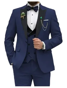 Elegant navy blue slim fit men's three-piece suit set with black lapel and bowtie
