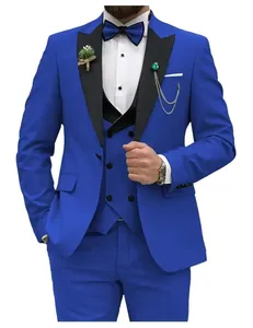 Close-up detail of a royal blue three-piece slim fit suit with elegant black peak lapels