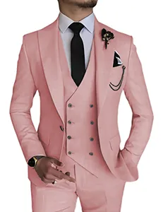 Close-up of pink three-piece suit featuring double-breasted vest and boutonniere