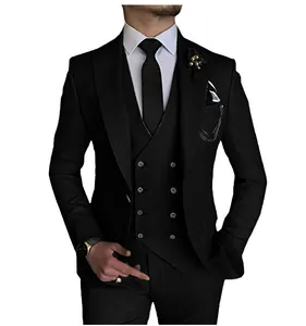 Detailed view of a black three-piece men's wedding suit with a double-breasted vest