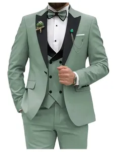 Detailed view of a slim-fit sage green three-piece suit with black peaked lapels