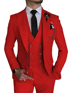 Detail view of red three-piece slim fit suit with double-breasted vest for groom