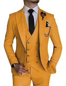 Elegant mustard yellow men's three-piece suit detail showing vest and jacket for weddings