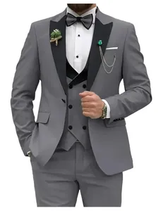 Elegant grey men's 3-piece tuxedo set with black peak lapel and matching accessories