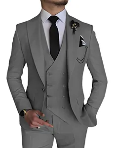 Detailed view of a grey 3-piece slim fit men's suit for wedding or formal events