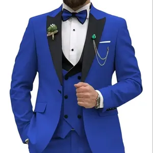 Close-up of royal blue slim fit three-piece suit for men with black lapel and bowtie