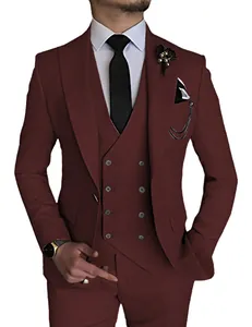 Slim fit burgundy three-piece men's suit with double-breasted vest for wedding parties.