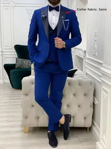 Elegant royal blue slim fit 3-piece formal suit for men featuring black satin lapel detail