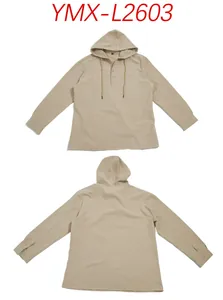 Detailed front and back views of a beige men's hooded cotton-linen long-sleeve shirt