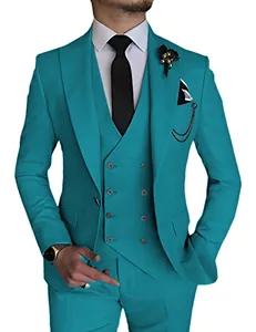 Detail view of a turquoise three-piece men's suit featuring a double-breasted vest