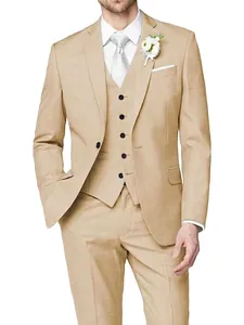 Eleganter Herren Anzug 3-Teilig Slim Fit in Beige Khaki mit Leinenoptik