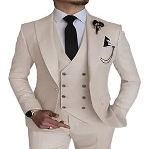 Elegant beige three-piece slim fit men's suit with double-breasted vest for weddings