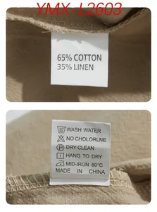Close-up of apparel care label detailing 65% cotton and 35% linen fabric composition