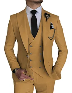 Detailed view of a stylish three-piece mustard yellow suit with a double-breasted vest.