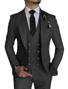 Macro detail of charcoal grey men's three-piece slim fit suit for weddings and business