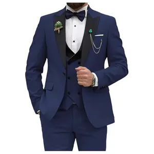 Elegant men's slim fit navy blue three-piece tuxedo suit with black shawl lapel
