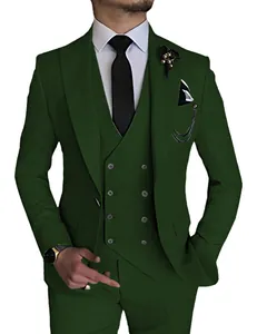 Sophisticated dark green three-piece men's suit with double-breasted vest for weddings