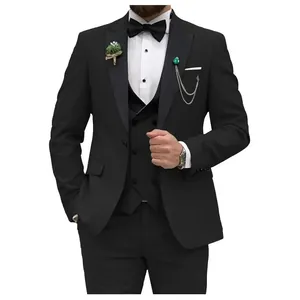 Elegant black men's three-piece slim fit suit, ideal for wedding or formal tuxedo occasions.