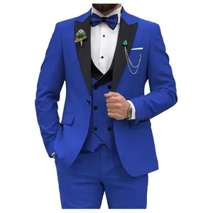 Professional slim fit royal blue three-piece suit for men featuring stylish black lapels