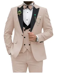 Slim fit peach men's three-piece suit with contrast black peak lapels and bowtie