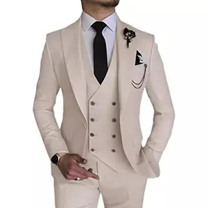 Elegant beige three-piece slim fit men's suit for wedding groom and party host