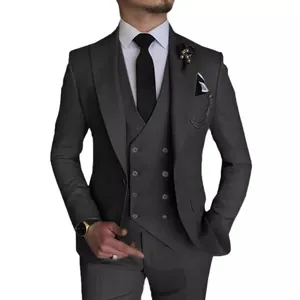 Professional charcoal grey slim fit three-piece men's suit for weddings and formal parties