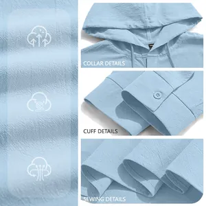 Macro detail shots of light blue cotton linen hooded shirt fabric and construction.