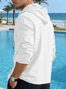 Rear view detail of a white hooded linen long sleeve shirt for men in casual style