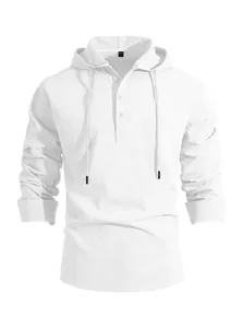 Detailed macro texture of white men's hooded linen-cotton long-sleeve henley shirt