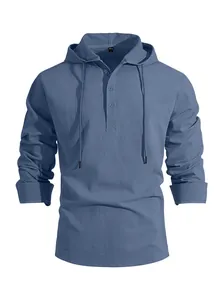 Close-up detail of men's blue cotton linen hooded long sleeve casual shirt with drawstring