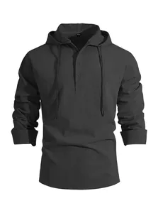 Front view of men's dark grey hooded long sleeve cotton linen henley casual shirt