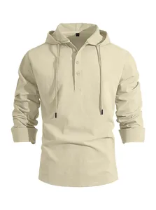 Front view of beige cotton linen hooded shirt with buttoned henley neck and drawstring