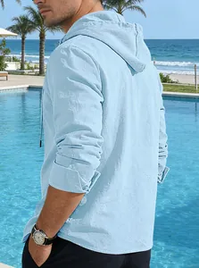Back view of a light blue men's cotton linen hooded shirt for casual summer resort wear