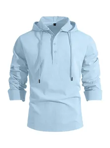 Detailed front view of light blue cotton linen hooded long sleeve shirt for men
