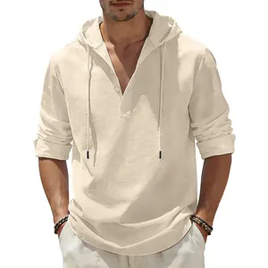Men's casual beige cotton linen hooded long sleeve shirt featuring a loose fit design