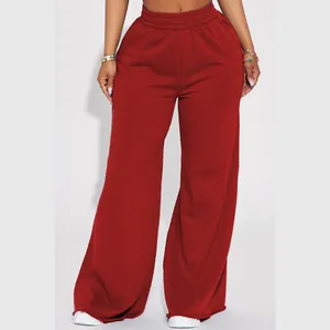 Close-up detail of women's red fleece-lined wide-leg sweatpants with elastic waist