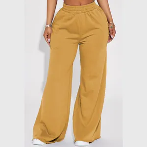 Close-up view of mustard yellow fleece-lined wide-leg sweatpants with elastic waist