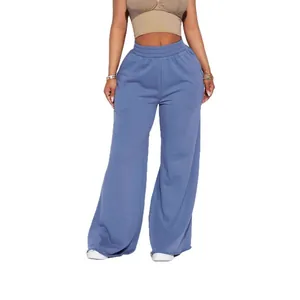 Comfortable women's casual blue wide-leg fleece trousers featuring an elastic waist