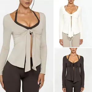 Women High Elastic V-neck Tie Front Yoga Jacket Long Sleeve Ribbed Slim Fit Pilates Fitness Activewear Top Gym Workout Coat