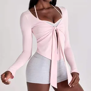 Pink V-neck tie-front long sleeve yoga wrap jacket for fitness, pilates and daily sports