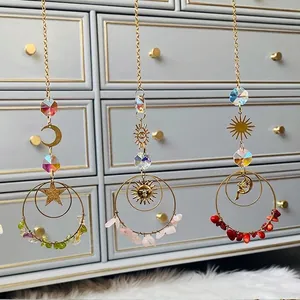 Bohemian crystal suncatcher with natural stone chips and gold metal charms