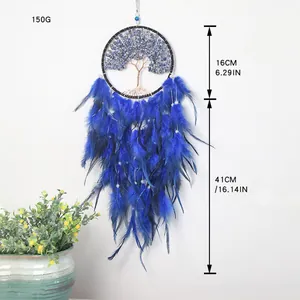Attrape-rêves Arbre de Vie bleu décoration murale avec pierres et plumes souples