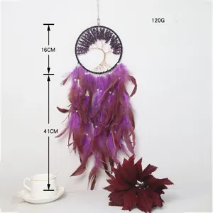 Attrape-rêves Arbre de Vie violet fait main avec plumes, décoration murale de 41 cm