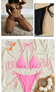 Collage de bikinis unis à licou comprenant un mannequin et une vue à plat rose détail