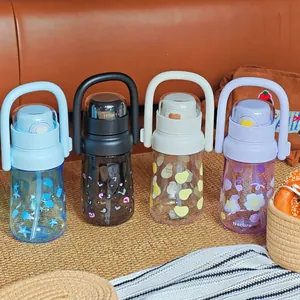 Detail of portable water bottles with straws, scales, and handles in various colors.